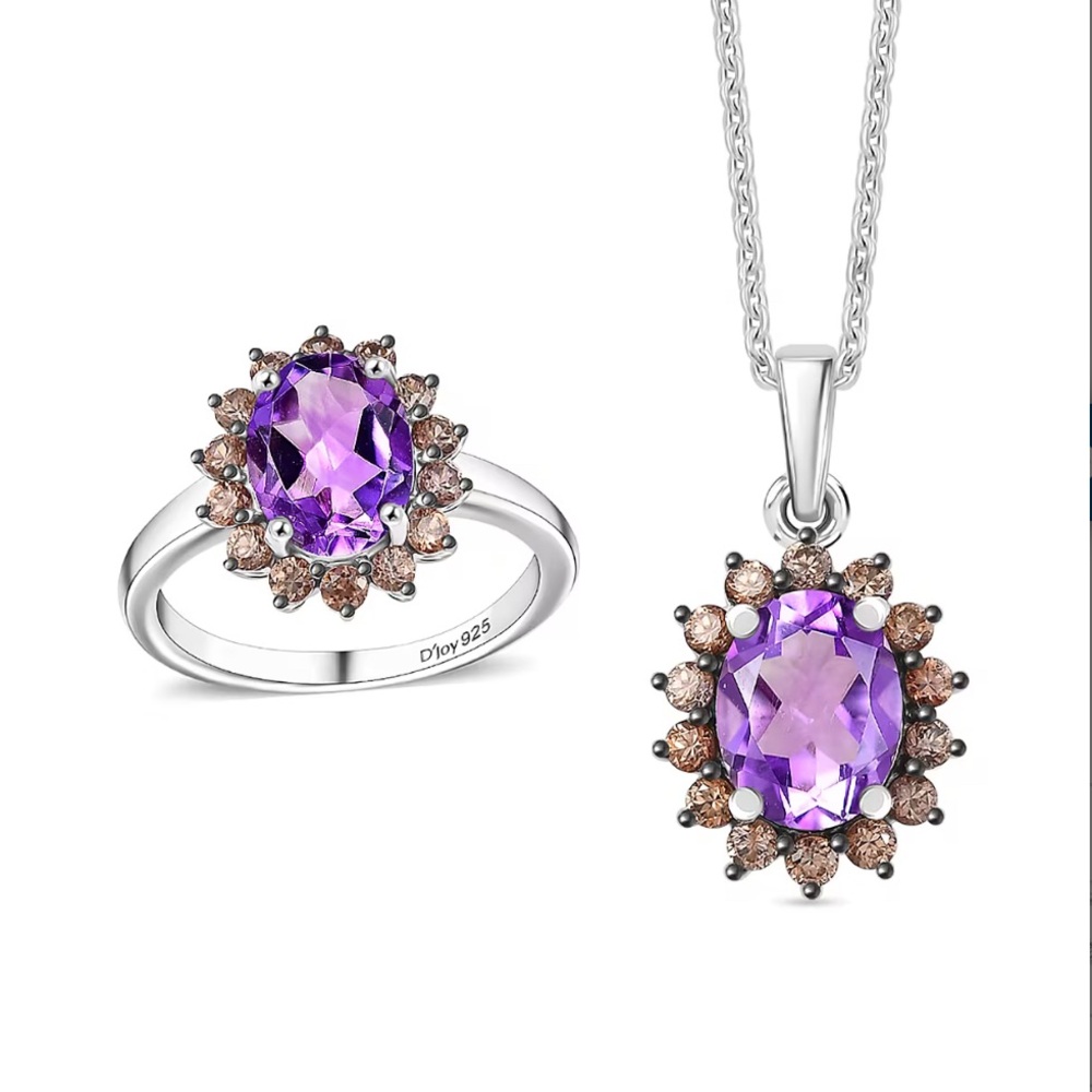 D’Joy Moroccan Rose & Brown Zircon 5ct Sunburst Sterling Ring & Pendant Necklace